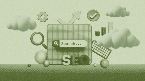 Stylized graphic of SEO and data related imagery such as computer keyboard, chart, graph, and search bar. Graphic also includes miscellaneous items of clouds, magnifying glass, a gear and spheres in the background and foreground.