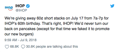 IHOP tweet confirming it was a fake name change