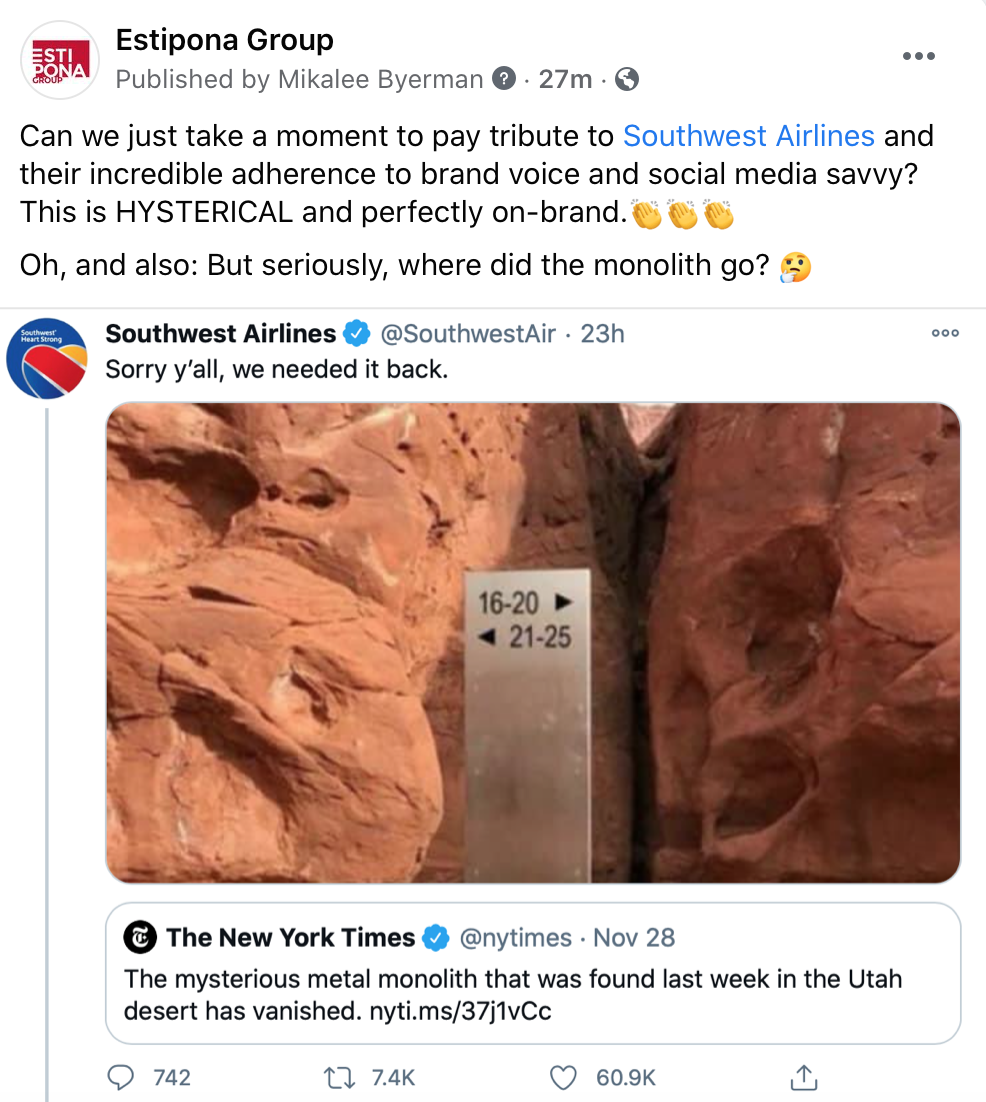 Southwest Airlines Utah Monolith Tweet