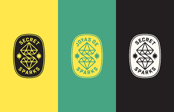 Secret Sparks logos against yellow, green and black backgrounds