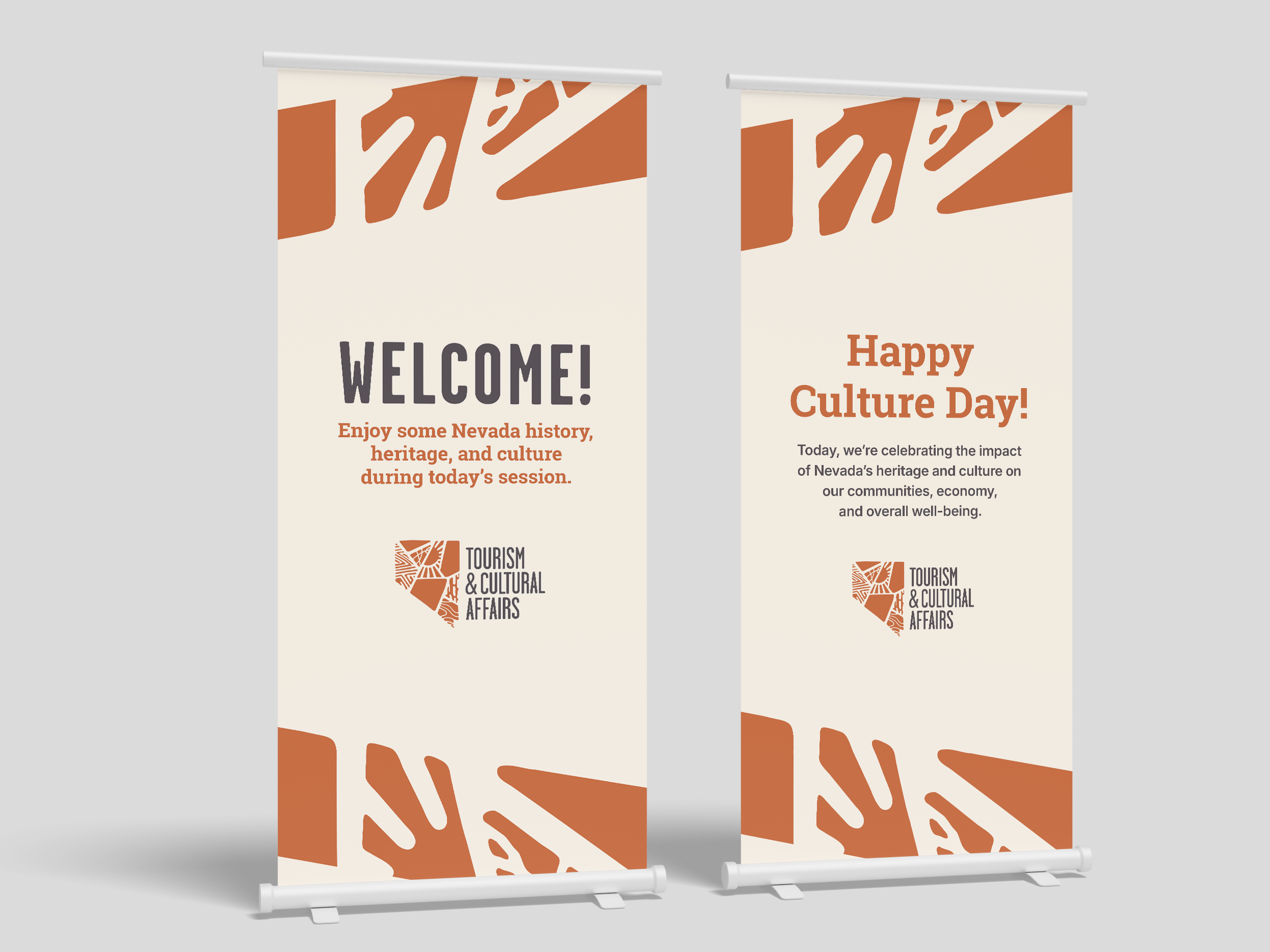 stand-up banners with Nevada Department of Tourism and Cultural Affairs branding and a welcome message