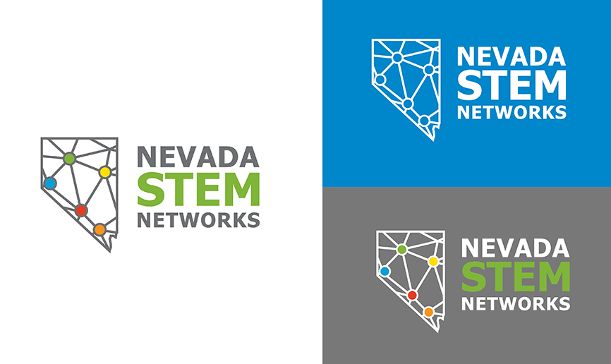 Nevada STEM Networks logo mock up on white, blue and grey backgrounds