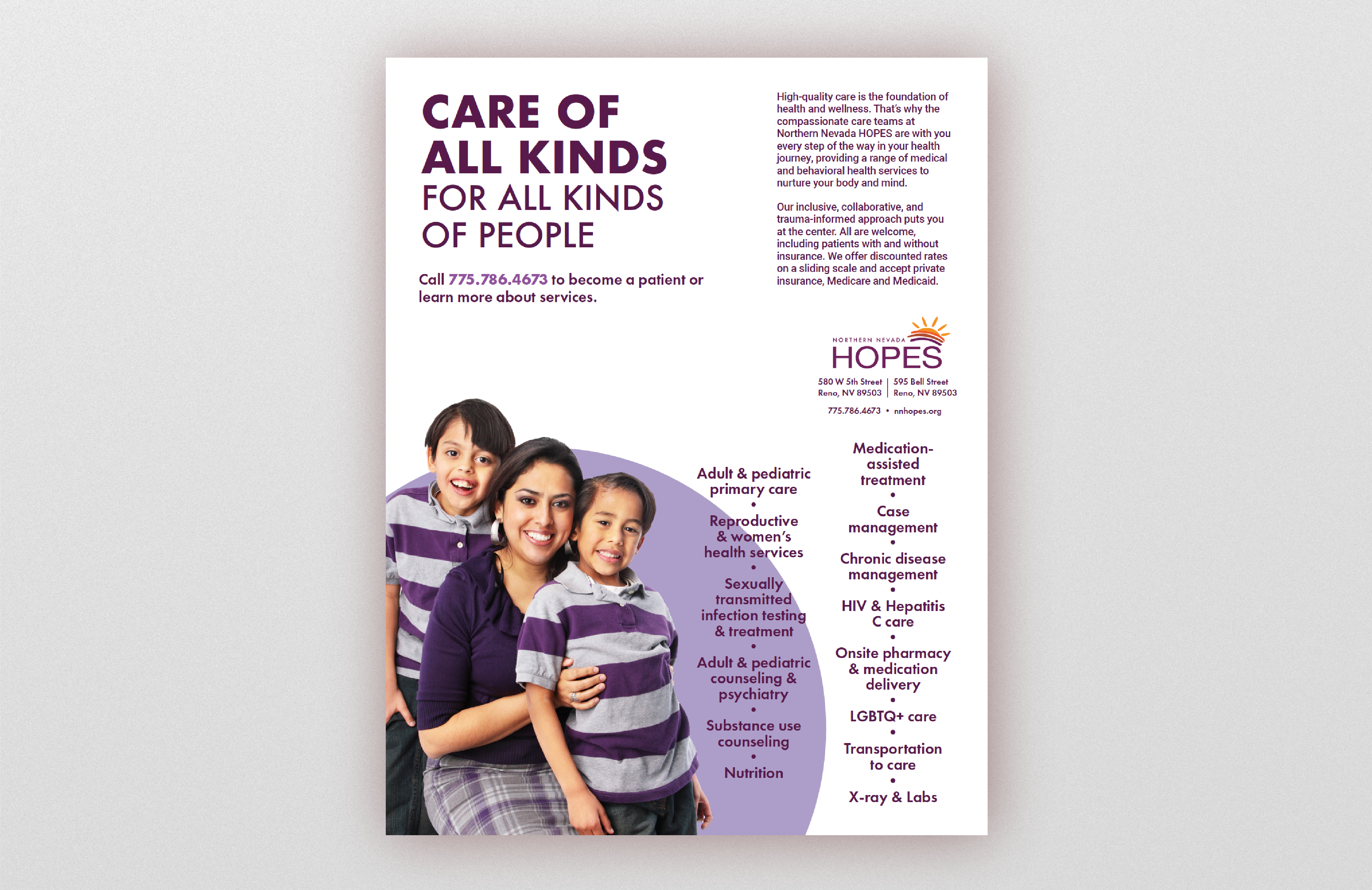 flyer featuring a family and list of comprehensive services
