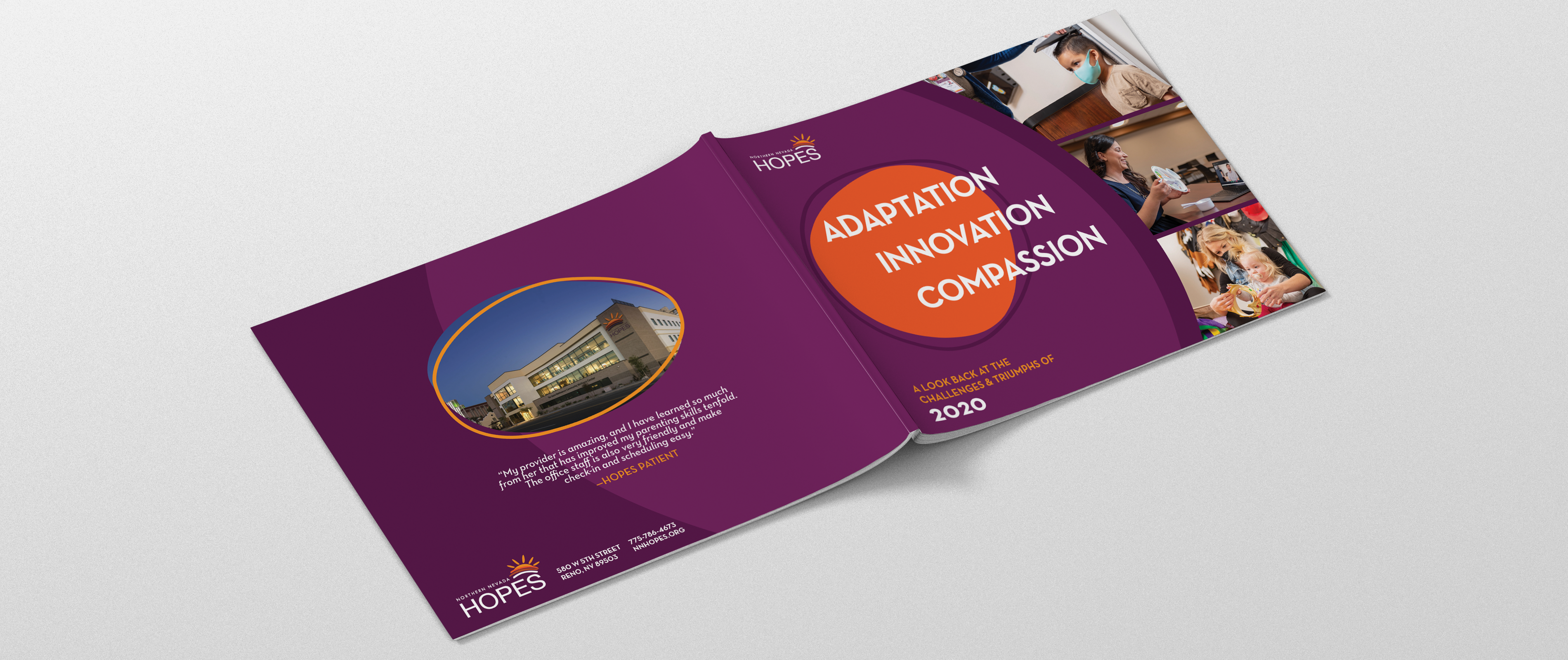 2020 annual report cover page with headline: adaptation, innovation, compassion