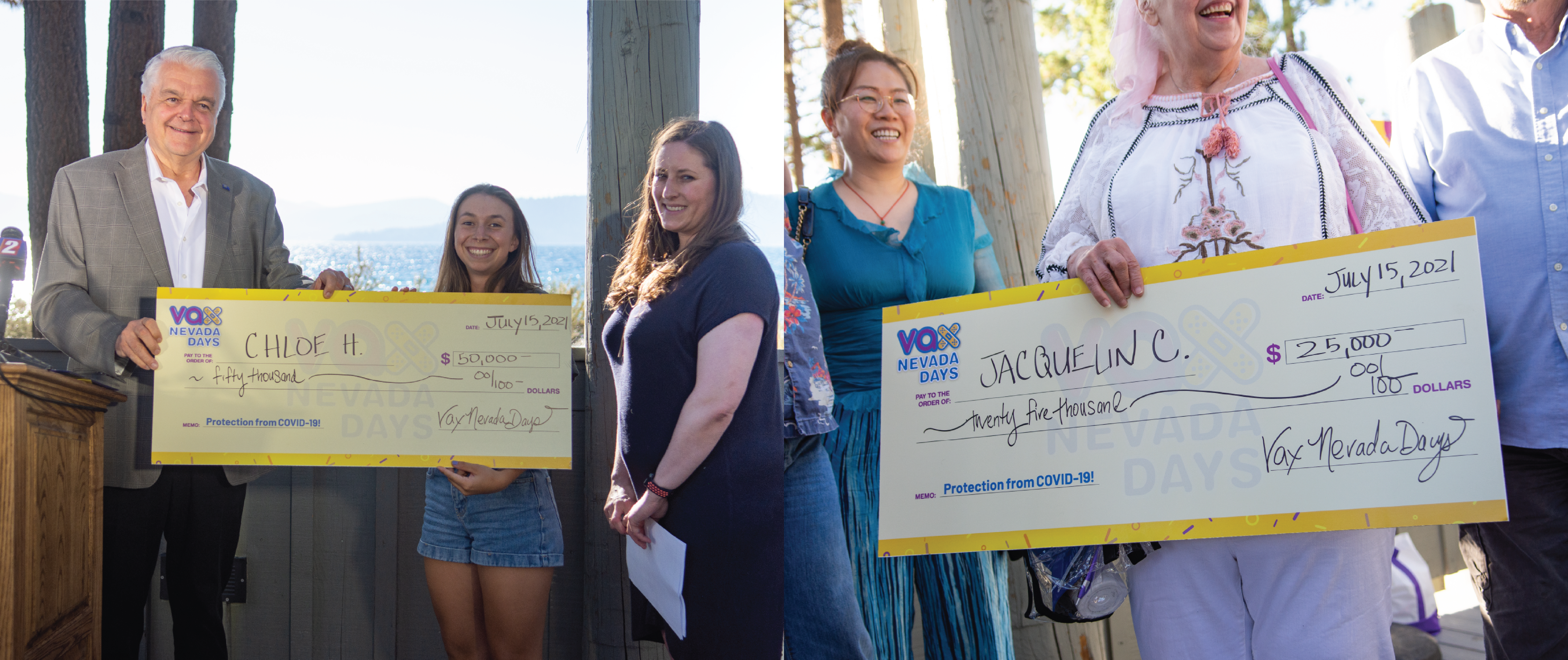collage of Vax Nevada Days winners with their families and Governor Sisolak 
