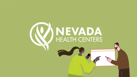 Nevada health center logo in white on a green background with an illustration of office workers