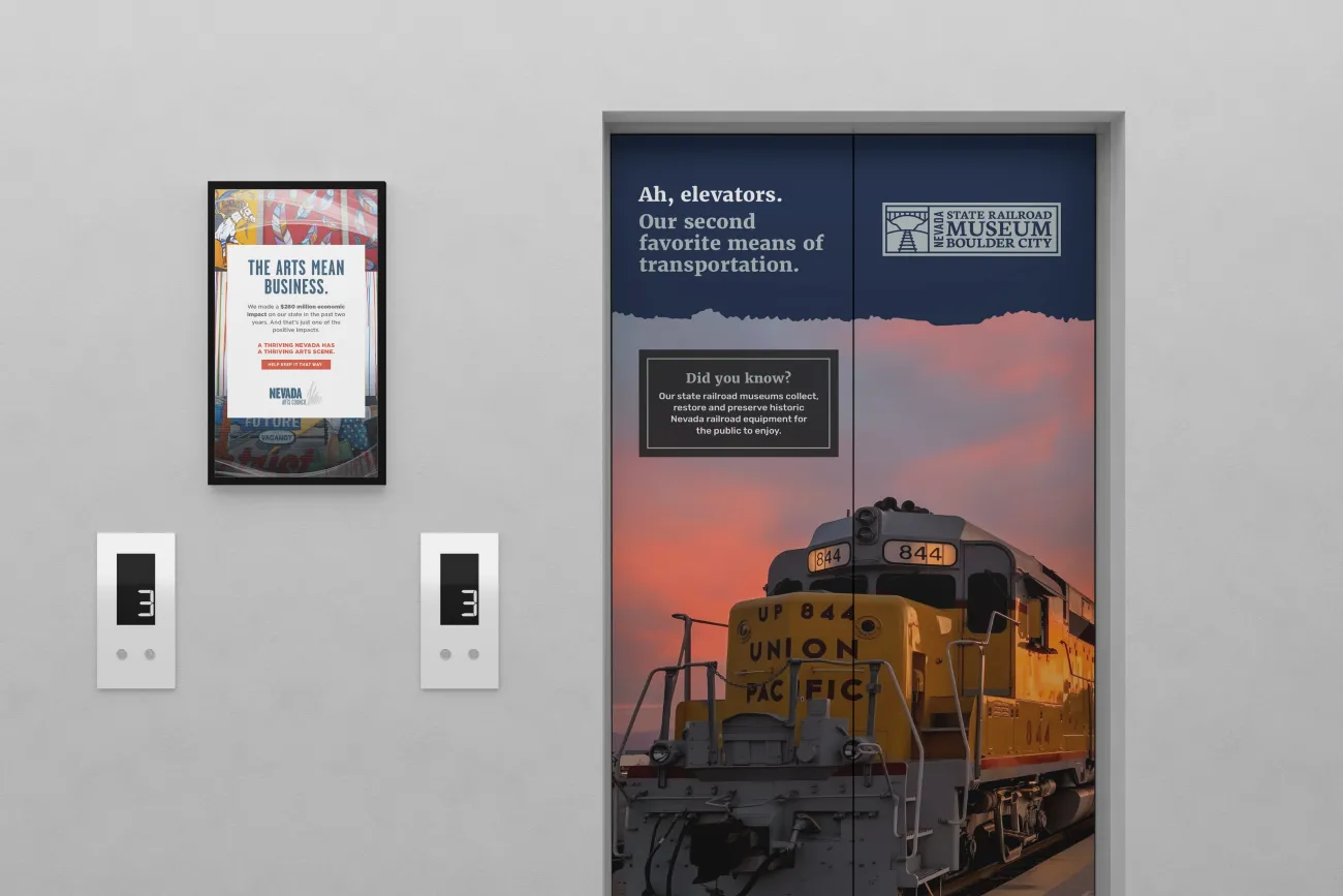 mockup of elevator signage with Nevada Arts Council and Division of Museums and History branding