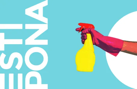 Bright blue background with a drawing of someone's hand in a pink latex glove, holding a yellow spray bottle, and the word Estipona in capital letters