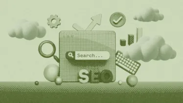 Stylized graphic of SEO and data related imagery such as computer keyboard, chart, graph, and search bar. Graphic also includes miscellaneous items of clouds, magnifying glass, a gear and spheres in the background and foreground.